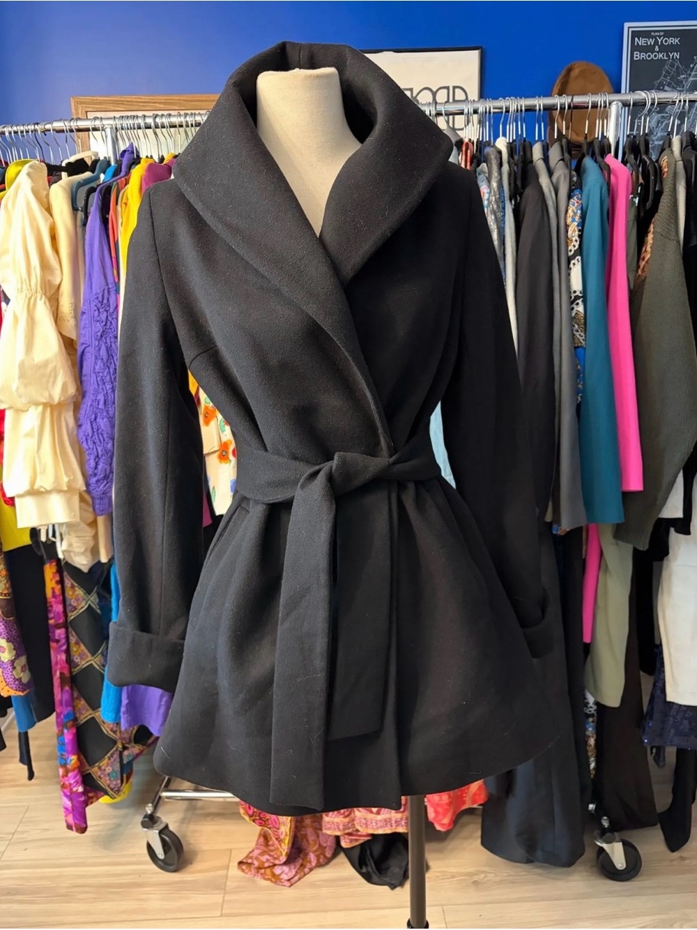 TRINA TURK Women's Black Wrap Coat with Tie Belt